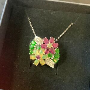 Floral Gemstone Necklace in Pink, Green, and Yellow